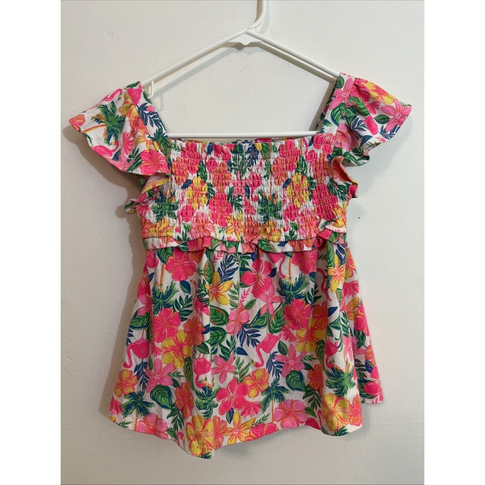 Tommy Bahama‎ Girls M Top Hot Pink Floral Green Flamingos Vacation Smocked Flowy
